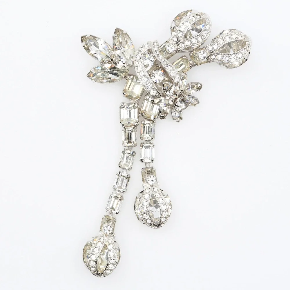 Vintage Eisenberg Ice Dazzling‎ Rhinestone Floral Spray Dangle Brooch Pin 1950s